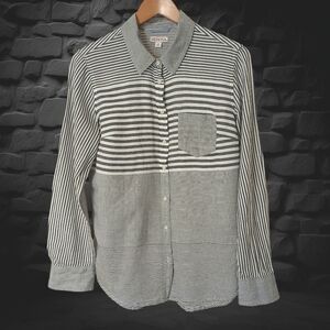 Women's Merona Blouse, Size Large, L/S, Grey Stripes. 100% Cotton, Easy-care